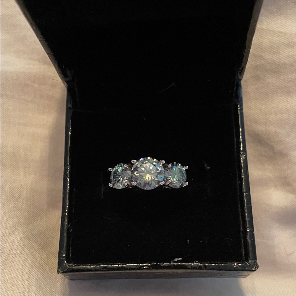 Rare Blue moissonite triple stone sterling silver ring!